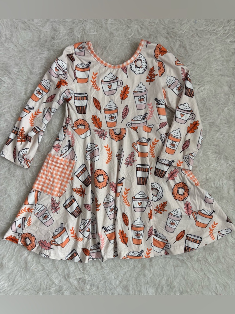 Marie Nicole Boutique Girls' Cream Dress with Autumn Orange Coffee & Donut AOP